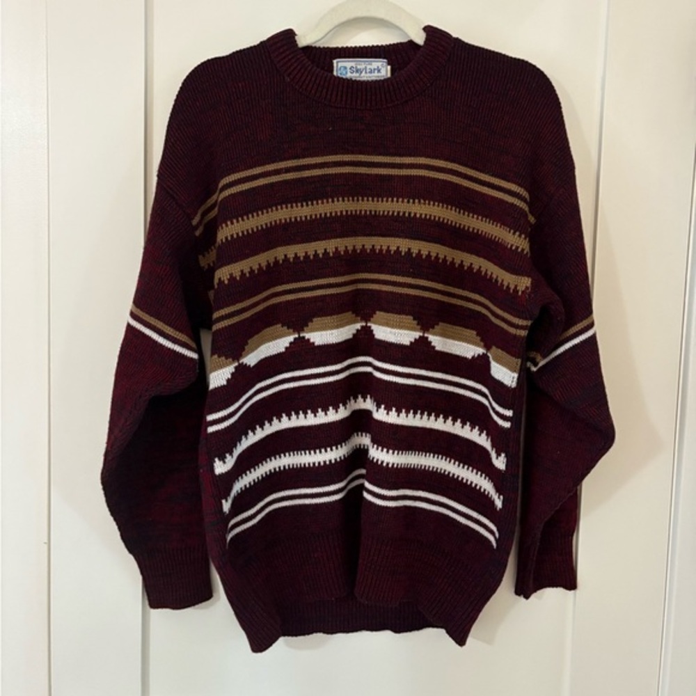 Skylark | burgundy patterned sweater unisex winter striped cottagecore crewneck